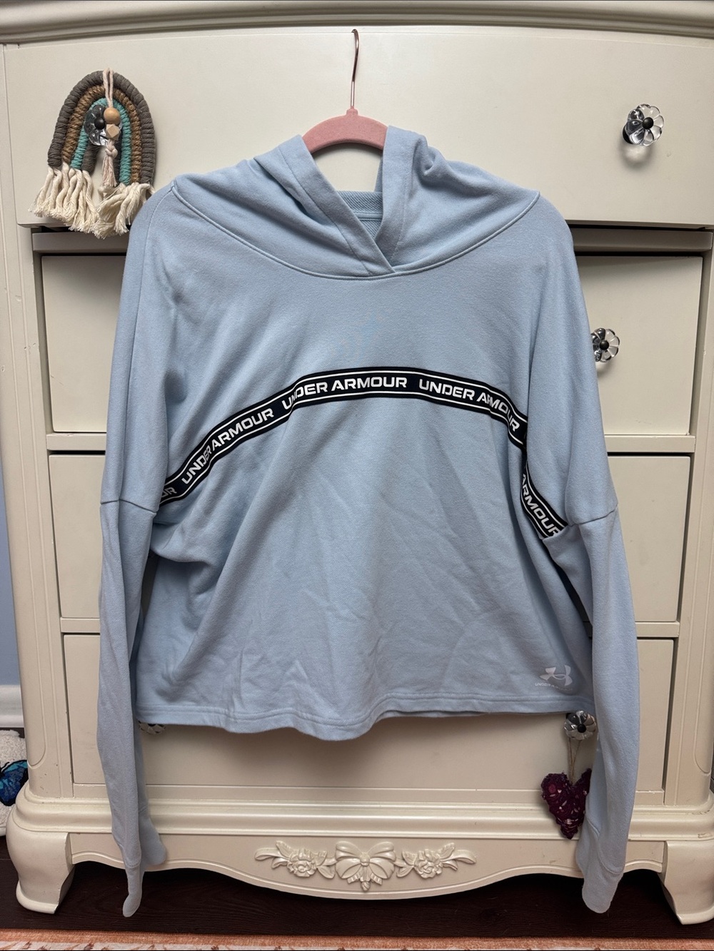 Under Armour Women's Pale Blue Hooded Pullover with Logo Tape